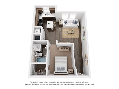 Floor plan for 1 bed, 1 bath, 723 sqft
